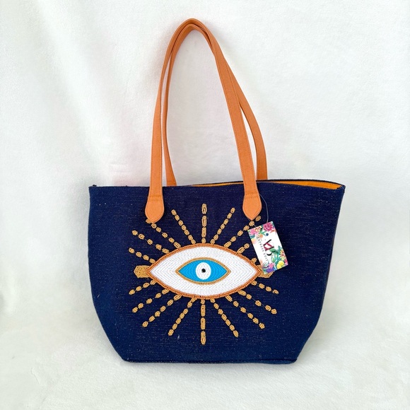 America & Beyond Handbags - Evil Eye Navy Blue & Orange Beaded & Embroidered Tote Bag